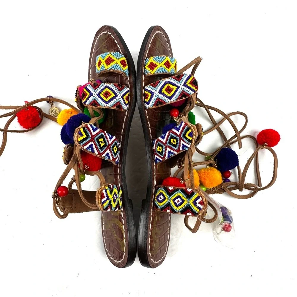 Sam Edelman Lisabeth Sandals 6 Lace Up Beaded Pom‎ Pom Bohemian Brand New